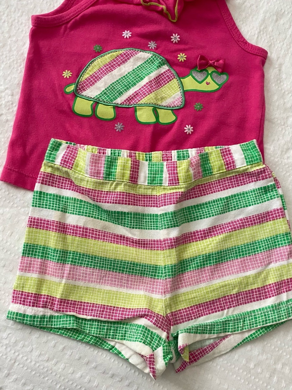 Kids Headquarters Bright Pink Turtle Tank & Green-Striped Shorts Pajama Set